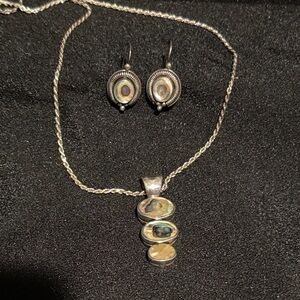 Iridescent Abalone Shell Silver Jewelry Set - Pendant Necklace and Earrings